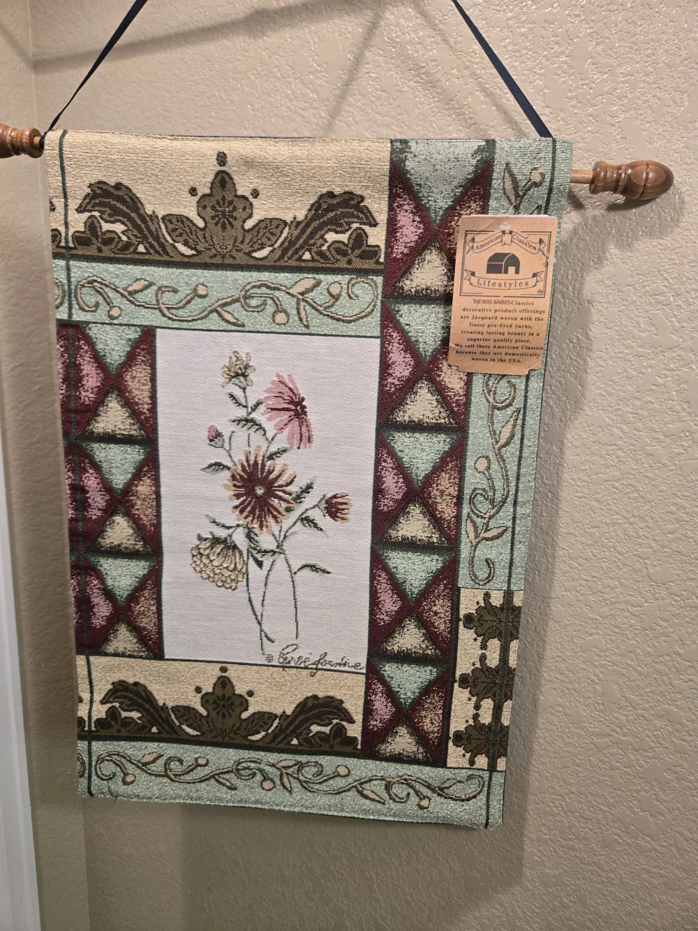 Vintage Floral Tapestry Wall Hanging in Teal & Burgundy -